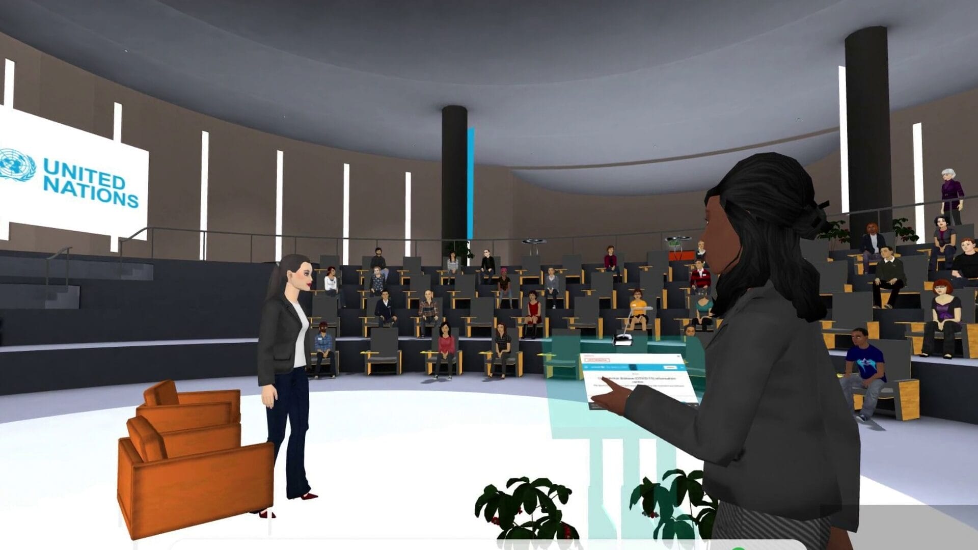 Avatars networking in the lobby of the United Nations 75th Anniversary virtual event inside MootUp by Hyperspace, with welcome banners and branded displays.