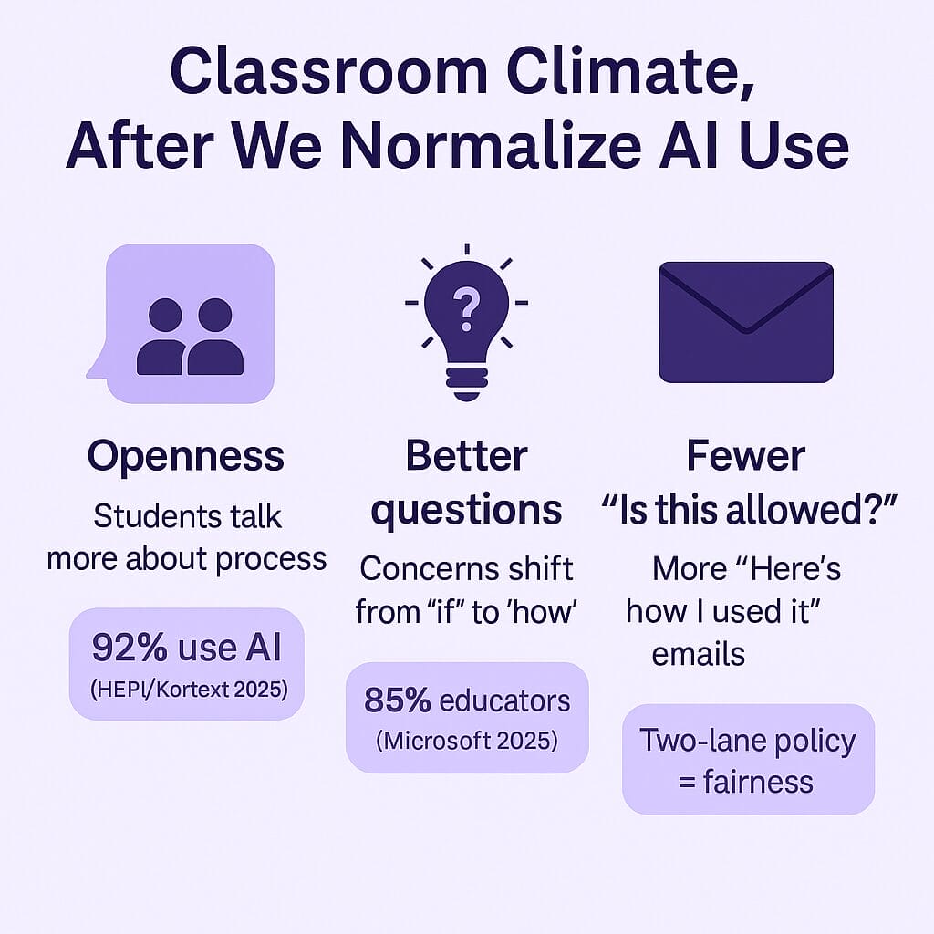 Infographic titled ‘Classroom Climate, After We Normalize AI Use’ with three columns: Openness (students talk more about process), Better questions (shift from ‘if’ to ‘how’), and Fewer ‘Is this allowed?’ emails. Stat badges cite 92% student AI use (HEPI/Kortext 2025) and broad educator adoption (Microsoft 2025). A small tag notes two-lane policy = fairness.