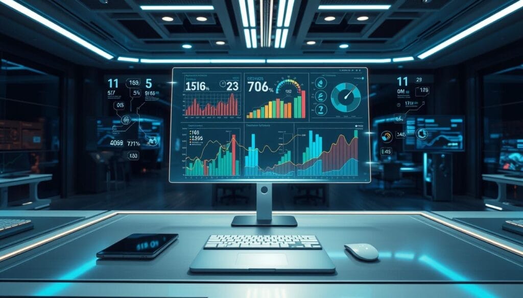A high-tech spatial computing environment for data visualization, showcasing a sleek desktop interface displaying dynamic KPIs in 3D space. Foreground features interactive holographic graphs and charts that float above a modern workspace, with a digital dashboard labeled "Hyperspace" prominently visible. In the middle, a translucent, multi-layered display reveals colorful data points and metrics, illustrating key performance indicators above an elegant, minimalist desk with smart devices. The background features a futuristic office setting with ambient blue lighting and digital panels, creating a professional and innovative atmosphere. The perspective is slightly above eye level, capturing the entire setup in a captivating angle, conveying a mood of inspiration and efficiency.