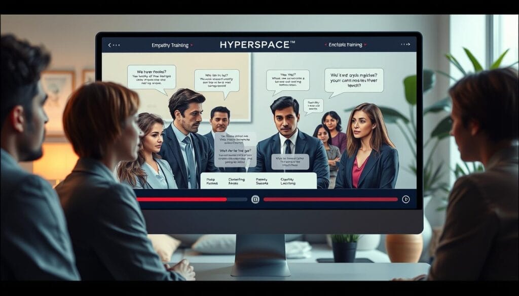 A sleek desktop computer screen displaying an AI-driven empathy training system interface labeled "Hyperspace" prominently. In the foreground, a close-up of a diverse group of individuals, dressed in professional business attire, engaged in a virtual empathy training session. Each participant is depicted with focused expressions as they interact with the AI, visual cues indicating branching dialogue paths. The middle layer features soft, ambient lighting that conveys a sense of warmth and collaboration, with elements of the training environment visible, like soft furnishings and motivational posters. The background showcases a cozy, modern office space, with plants and artwork enhancing the inviting atmosphere. The overall mood is conducive to learning and professional development, emphasizing engagement and empathy-focused dialogue.