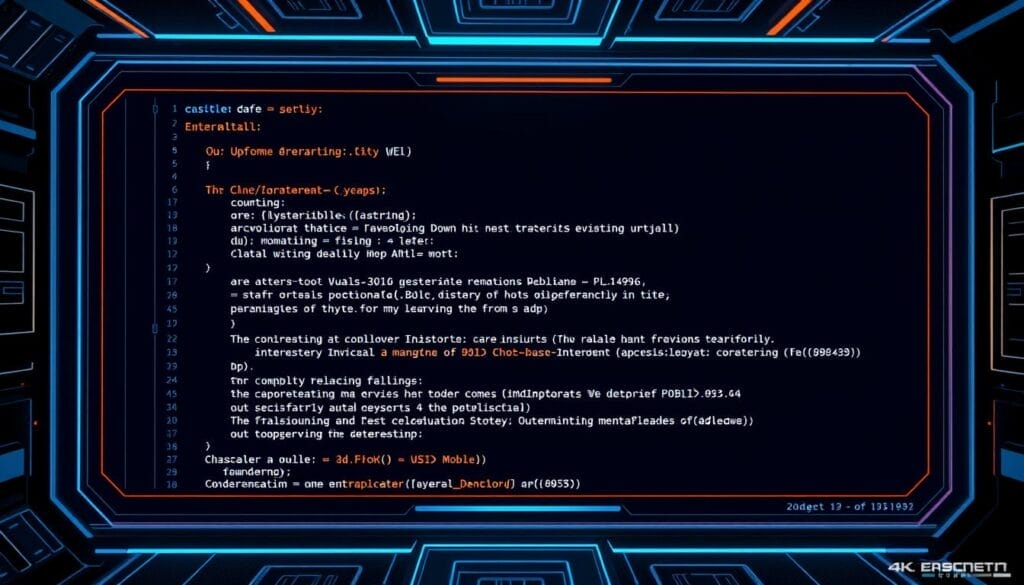 A sleek digital interface showing a software tutorial being generated automatically from a text script, with highlighted code tags and a progress bar, high-tech aesthetic, 4k.