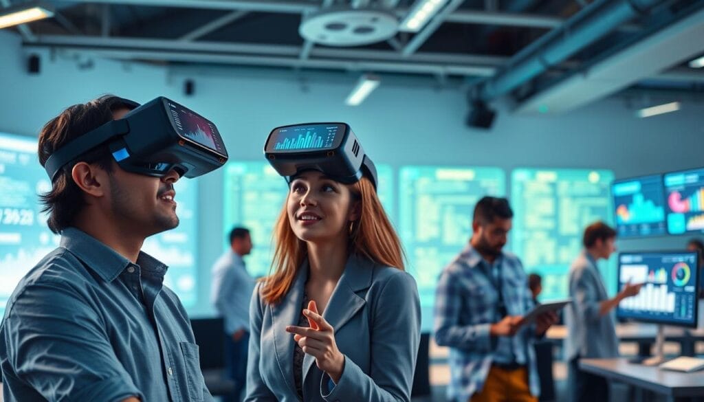 students engaged in a virtual reality classroom, using advanced learning analytics tools displayed on VR headsets, showcasing sleek interfaces and graphs. In the foreground, two diverse students, one male and one female, wearing professional attire, are immersed in interactive data visualizations. The middle ground features a collaborative environment with other students, also in business casual clothing, analyzing metrics on their devices and discussing findings. The background reveals a modern educational VR setting, filled with digital screens and a futuristic lab ambiance, illuminated by soft blue and green lighting that emphasizes innovation. The scene is viewed slightly from above with a focal lens effect, portraying a dynamic and inspiring atmosphere, reflecting the evolution of VR training in modern education and branded with "Hyperspace".